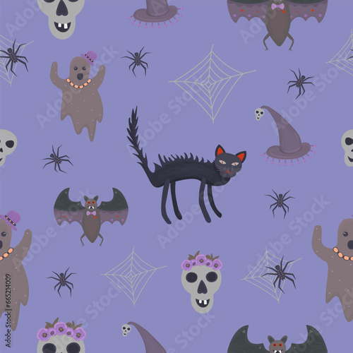 Halloween seamless pattern with spooky items  vector illustration with blue background