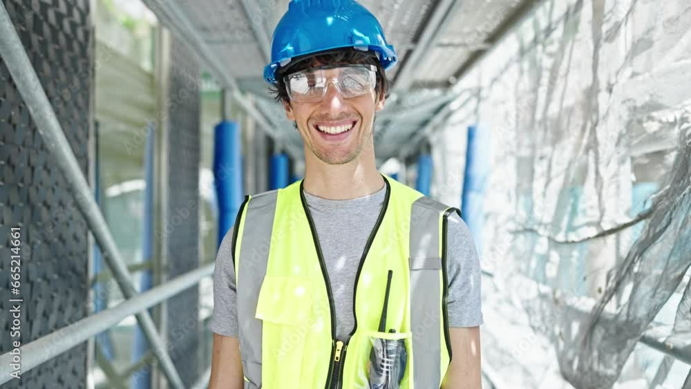 Young hispanic man architect smiling confident standing at construction place Young hispanic man architect smiling confident standing at construction place