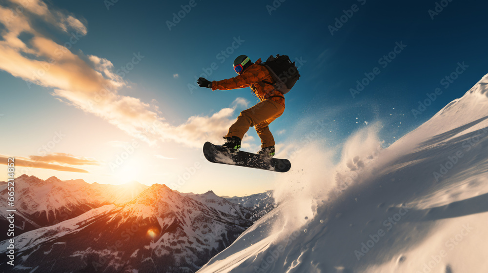 Winter extreme sports cool shot of snowboard in motion 