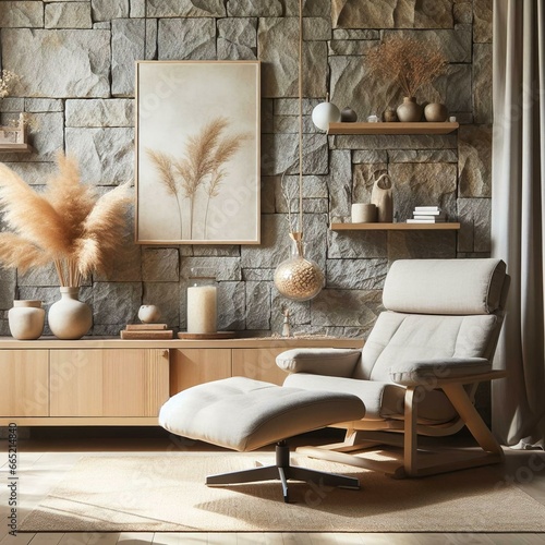 Beige fabric lounge recliner chair against stone cladding wall. Rustic minimalist home interior design of modern living room photo