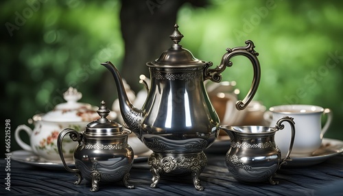 Silver tea party with teapot, sugar and milk container, and porcelain cup and saucer display