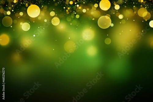 Abstract green background with golden bokeh lights. Christmas and New Year concept.