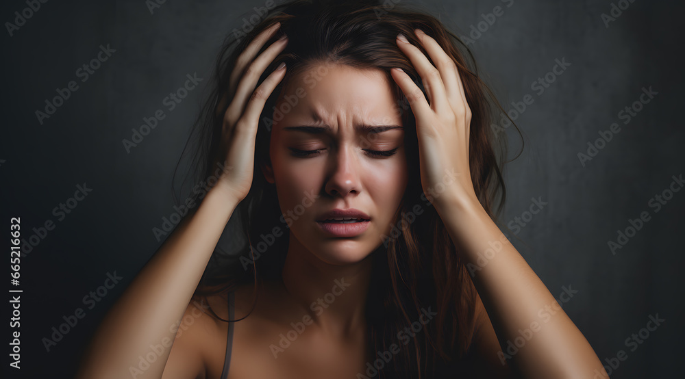 woman with headache holding her head in pain woman with headache holding her head in pain