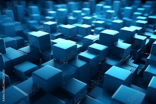 Modern technology backdrop with polished cubes in a precise arrangement. Blue  rendered in 3D. Generative AI