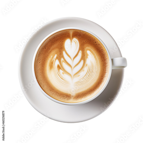 cup of coffee cappuccino with pictures top view isolated on white background, ai generated