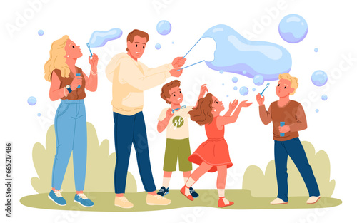 Family people blow soap foam bubbles and play on fun summer party in park vector illustration. Cartoon man and woman show to cute kids big clear balloons, recreation of happy characters in nature