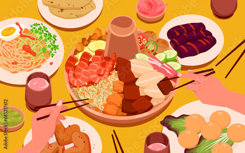Cartoon tiny happy family people gathering together and cooking delicious hot feast meal in pot on table, cute characters cook gourmet spicy meat and vegetable. Cooking hotpot dish