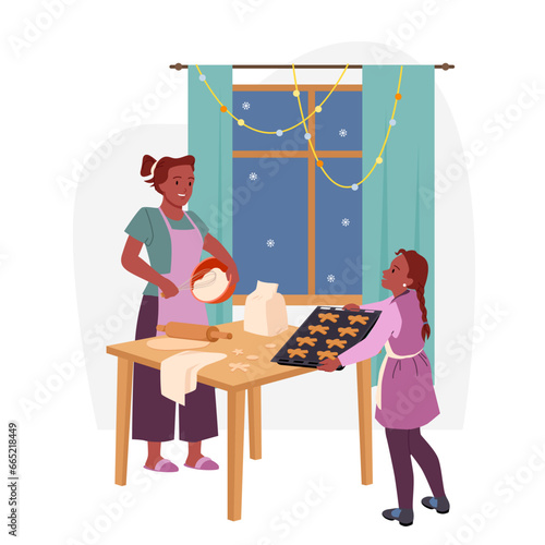 Family people bake cookies vector illustration. Cartoon woman and kid cooking at kitchen table, mother and daughter baking, making sweet cake together, child holding tray with Christmas gingerbread