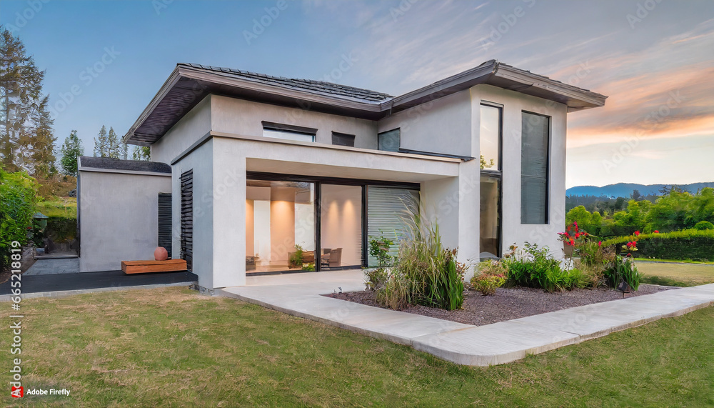 Modern ranch style minimalist cubic house with terrace and landscaping design front yard. Residential architecture exterior Modern ranch style minimalist cubic house with terrace and landscaping design front yard. Residential architecture exterior
