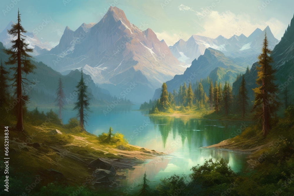 a stunning painting of a serene lake surrounded by majestic mountains. Generative AI