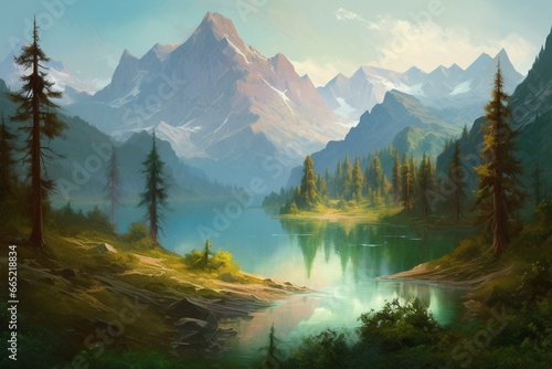 a stunning painting of a serene lake surrounded by majestic mountains. Generative AI