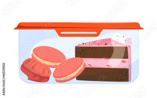 Food storage container for leftover sweets vector illustration. Cartoon isolated plastic or glass box with hermetic lid, slice of cream cake and cookie sandwiches, meals left over from holiday feast