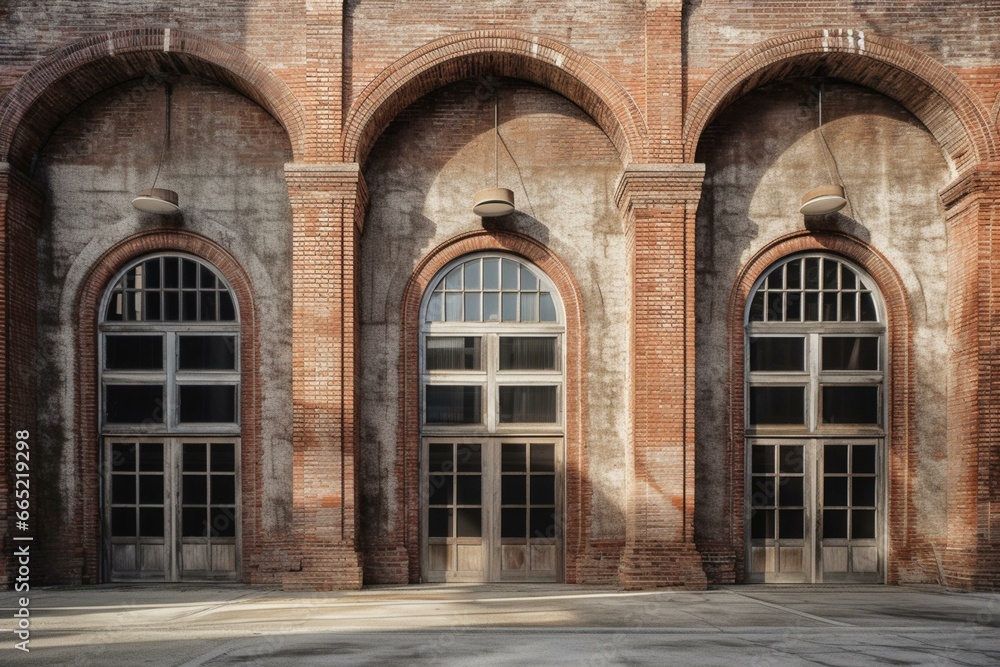 Old brick building with vacant arched windows. Generative AI