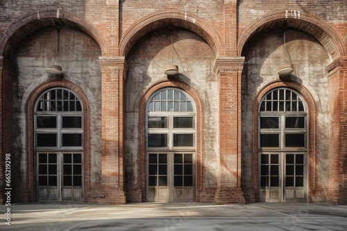 Old brick building with vacant arched windows. Generative AI