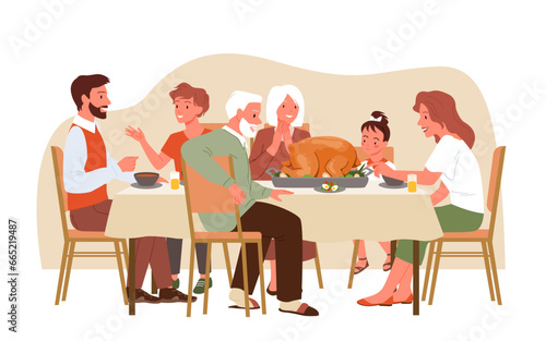 Cartoon mother and father  grandparents and kids sitting at home table with feast meals  characters eat cooked turkey together and talking. Thanksgiving dinner for happy big family
