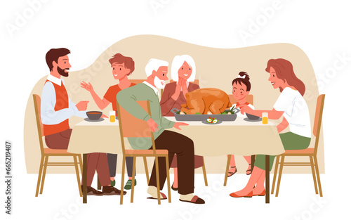 Cartoon mother and father, grandparents and kids sitting at home table with feast meals, characters eat cooked turkey together and talking. Thanksgiving dinner for happy big family