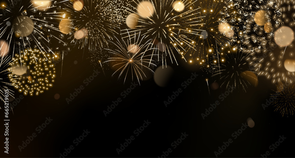 Gold fireworks vector background with bokeh. Abstract New Year background with space for text. Realistic fireworks isolated on dark background. - obrazy, fototapety, plakaty 