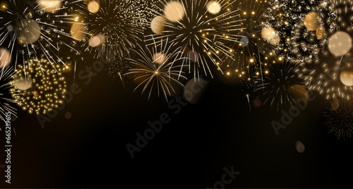 Leinwand Poster Gold fireworks vector background with bokeh