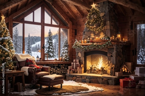 interior christmas. magic glowing tree, fireplace, gifts