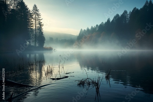 The lake covered by mist. Generative AI