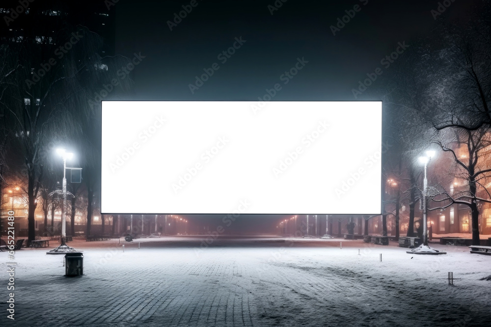 An empty white advertisement board on a winter evening street in the city