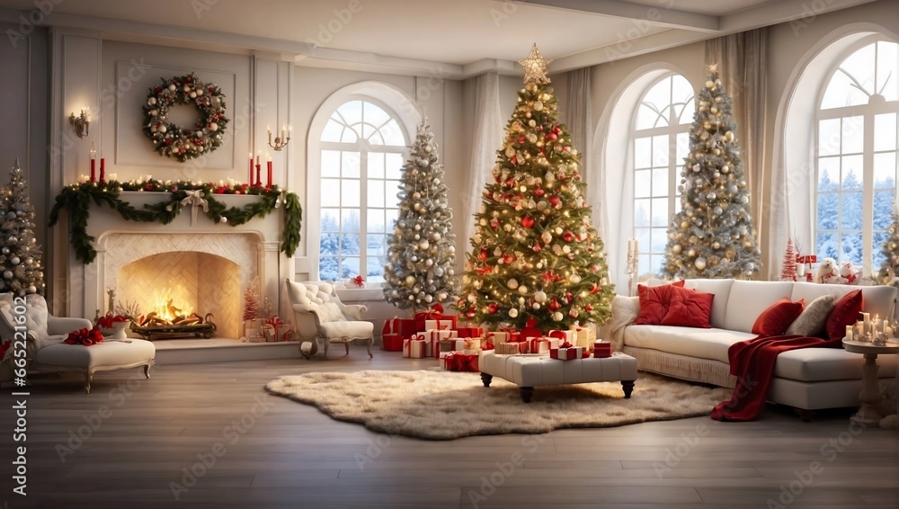 fireplace with Christmas tree and Christmas decorations