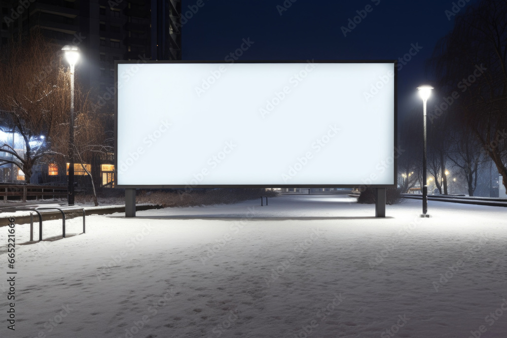 An empty white billboard layout for urban outdoor advertisements amid the festive Christmas and New Year celebrations