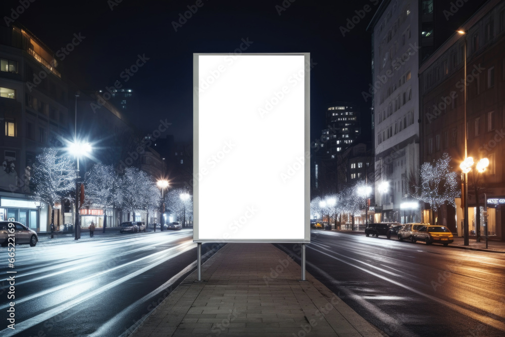 A blank white banner mockup on a city street during the Christmas holidays