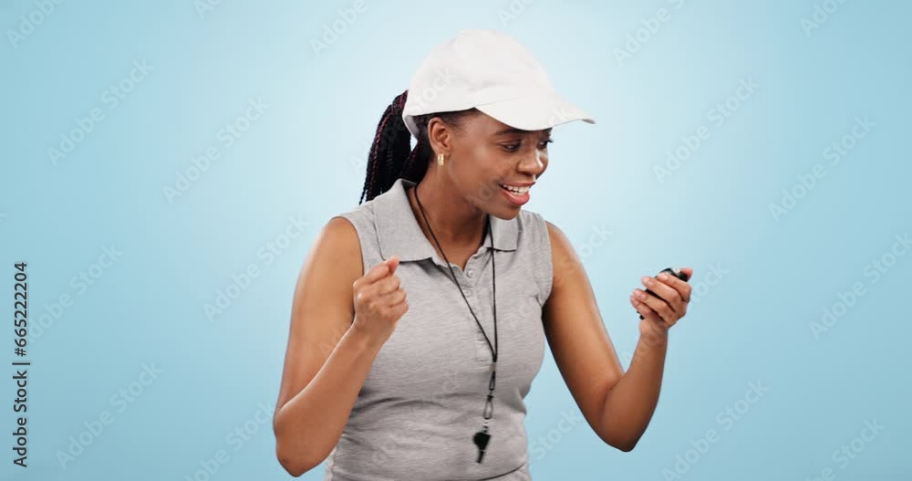 Excited, black woman or coach with timer for fitness, training or conversation. Happy, results and a face portrait of African personal trainer with a clock for sports time on a blue background Excited, black woman or coach with timer for fitness, training or conversation. Happy, results and a face portrait of African personal trainer with a clock for sports time on a blue background