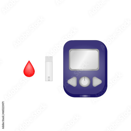Glucometer. Medical Equipment for diabetes diagnosis. Fasting blood sugar level to measure blood glucose and diagnose diabetes. Blood droplet. Vector illustration.