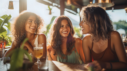 Un groupe de filles en train de boire un verre dans un bar après les cours les cours. photo