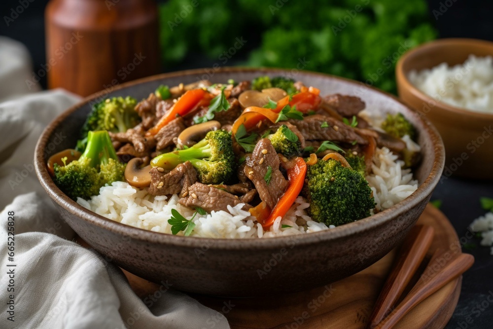 Flavorful beef stir fry with vibrant veggies and fluffy rice in a bowl. Generative AI