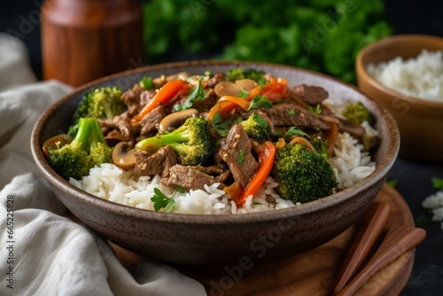 Flavorful beef stir fry with vibrant veggies and fluffy rice in a bowl. Generative AI