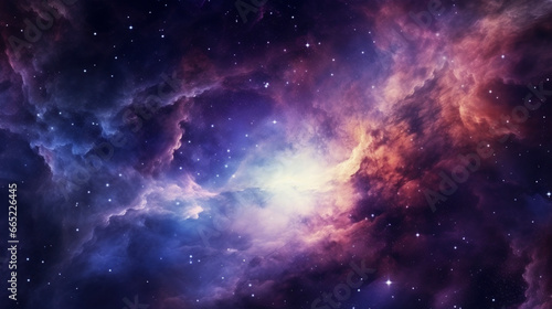 space galaxy background with nebula clouds and distant stars, purple and blue tones