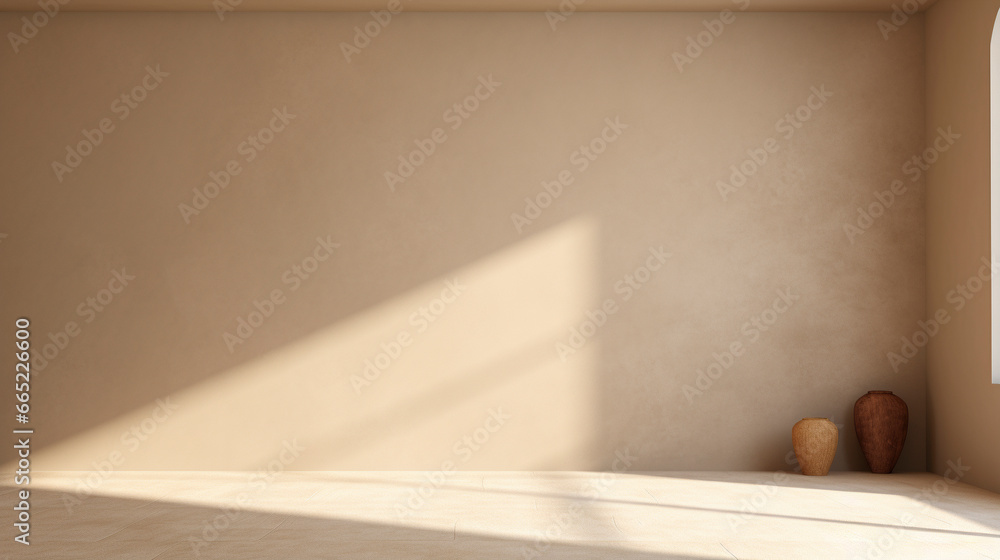 Interior mockup of a tan pastel painted empty room, with soft warm light coming in from a window, abstract background with room for copy. Interior mockup of a tan pastel painted empty room, with soft warm light coming in from a window, abstract background with room for copy.