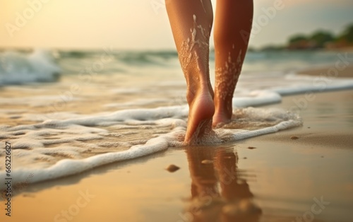Closeup back view photograph woman legs walking barefoot along a beautiful beach. photo