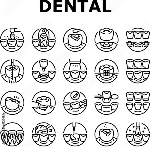 dental procedure clinic icons set vector. dentistry doctor, dentist implant, care tooth, health oral, treatment, medical dental procedure clinic black contour illustrations
