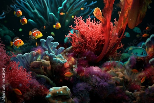 Vibrant aquatic life against a dark backdrop. Image digitally rendered. Generative AI