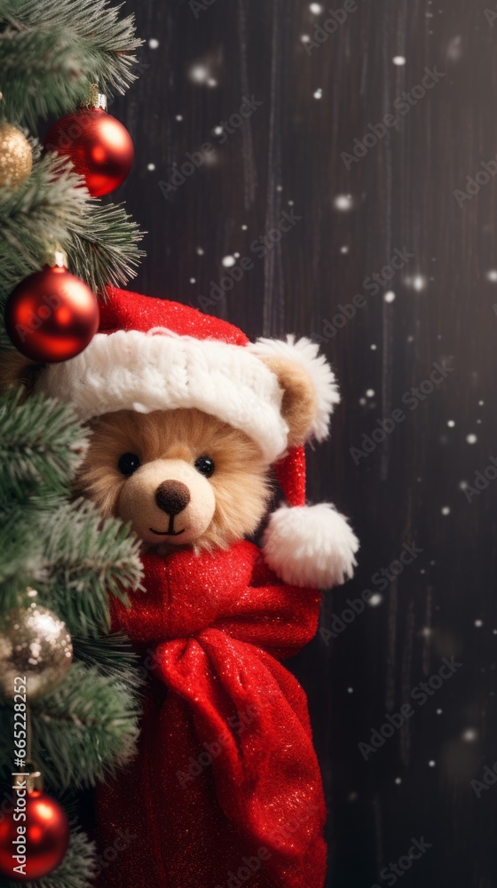 Teddy bear in Santa Claus hat on christmas tree background Teddy bear in Santa Claus hat on christmas tree background