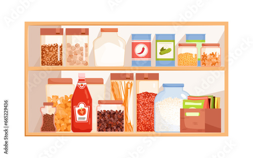 Kitchen cupboard shelves with food products vector illustration. Cartoon isolated buffet wooden shelf with spice packs, metal can and glass bottles with lid, jars with cereal goods for cooking