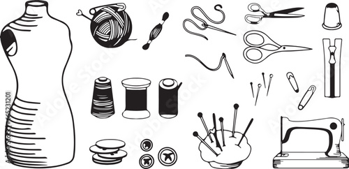 sewing tools set, sewing kit, scissors, needle, sewing machine, mannequin sketches, thread, zipper, pin