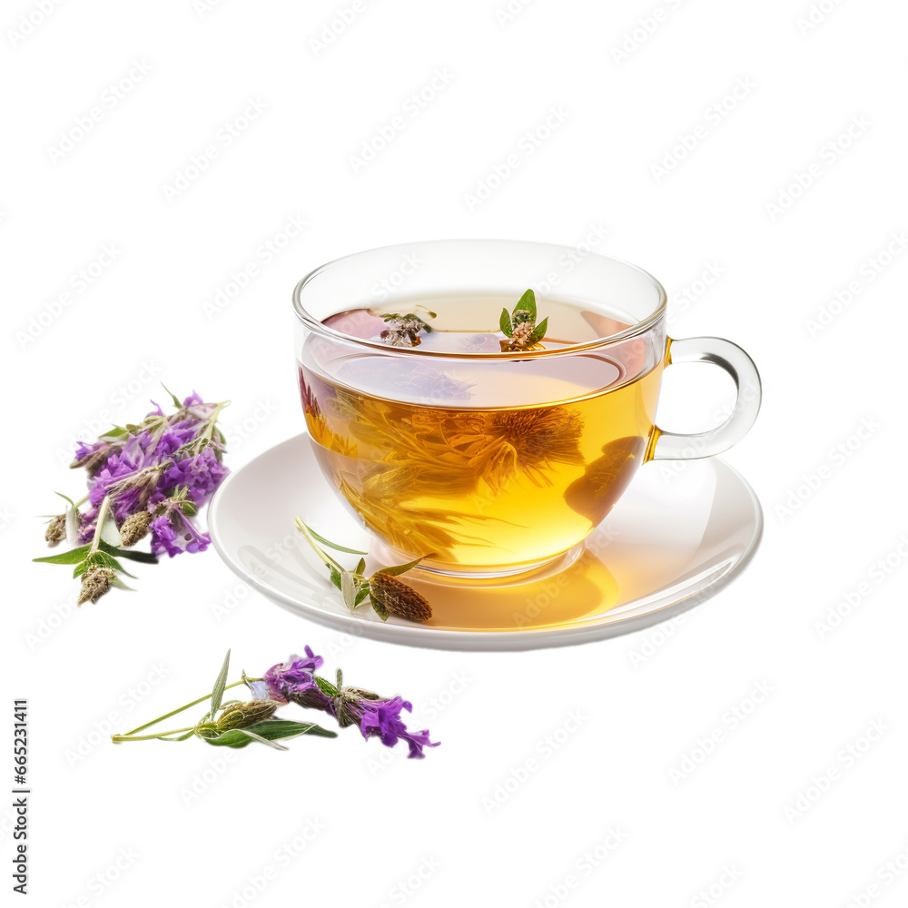 glass cup of herbal tea with flowers isolated on white background, ai generated glass cup of herbal tea with flowers isolated on white background, ai generated