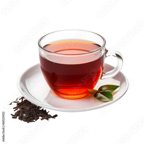 glass cup of black tea with leaves isolated on white background, ai generated