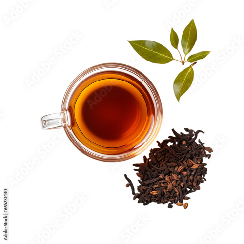 glass cup of black tea with leaves top view isolated on white background, ai generated