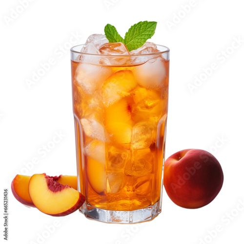 glass cup of peach iced tea isolated on white background, ai generated