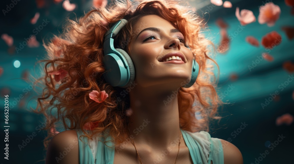 custom made wallpaper toronto digitalModern and cool american woman listening music on headphones with smiley and happy attitude on trendy color background