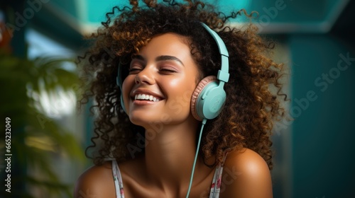 Modern and cool american woman listening music on headphones with smiley and happy attitude on trendy color background