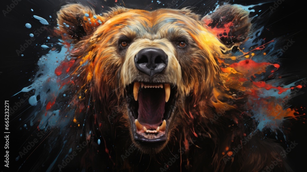 Colorful painting of a bear with creative abstract elements as background