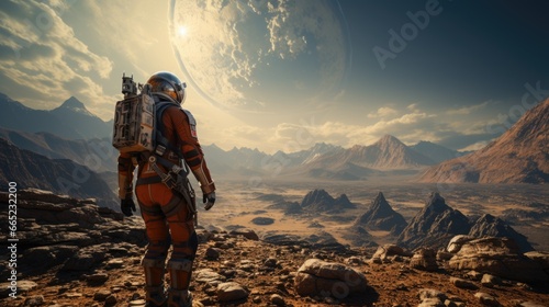 Back view of astronaut wearing space suit walking on a surface of a red planet
