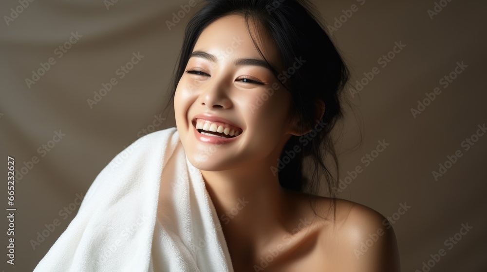 Beautiful young asian woman with clean fresh skin on spa background, Face care, Facial treatment, Cosmetology, beauty and spa, Asian women portrait - obrazy, fototapety, plakaty 